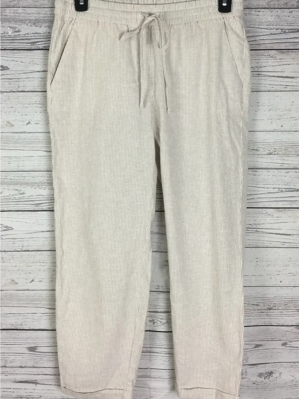 J.Crew Womens Tan White Pinstriped Cotton Linen Drawstring Cuffed Pants Size 10o